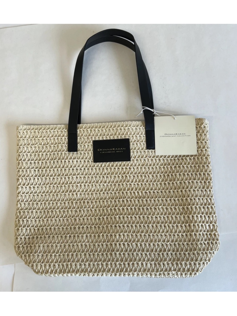 NWT Donna Karan Straw Tote Cashmere Mist Light Beige Woven Bag Handbag